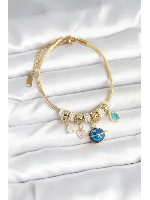 Pirinç Gold Renk Dünya Charmlı Kadın Bileklik