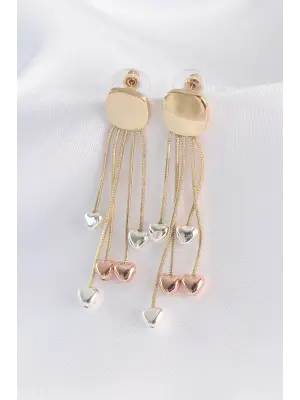  Altın Düz Plaka Renkli Kalp Detay Küpe