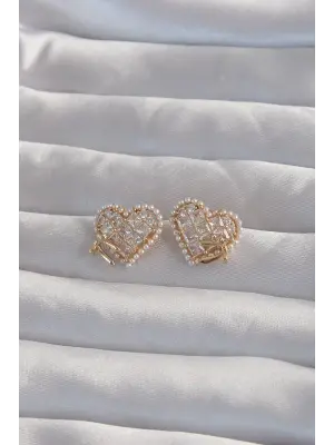  Altın Fiyonk Detay İncili Zirkon Taşlı Kalp Küpe