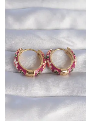 Altın Fuşya Mineli Etnik Desenli Halka Küpe