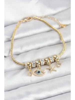 Pirinç Gold Renk Göz Model Charmlı Kadın Bileklik