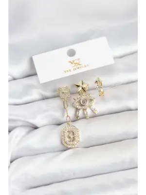 Çelik Gold Renk Göz ve Kutup Yıldızı Model YSX Trio Küpe Seti
