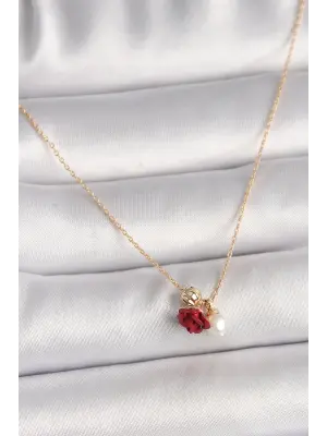 Pirinç Altın  Gül Model İnci Detay  Çelik Kolye