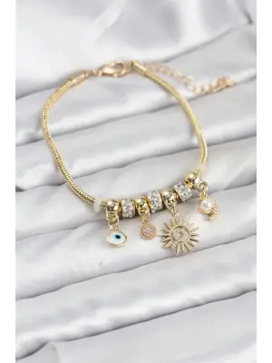 Çelik Gold Renk Güneş Charmlı Kadın Bileklik