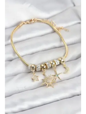 Çelik Gold Renk Güneş Tema Charmlı Kadın Bileklik