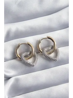  Altın Halka Gümüş Zirkon Taşlı Kalp Model VİP Seri Çelik Küpe