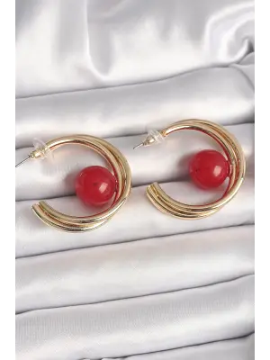 Pirinç Gold Renk Halka Model Kırmızı Boncuk Detay Kadın Küpe