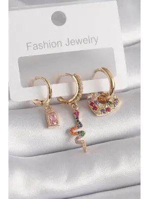  Altın Halka Model Renkli Zirkon Taşlı Yılan Figür Çelik Küpe