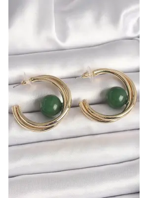 Pirinç Gold Renk Halka Model Yeşil Boncuk Detay Kadın Küpe