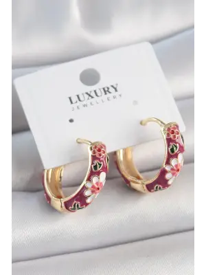 Pirinç Gold Renk Halka Mor Çiçek Mineli Kadın Küpe