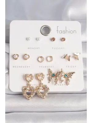  Altın İnci Detay Sallantı Kalp Mavi Taş Detaylı Kelebek Figür 7 Çift Çelik Küpe Seti