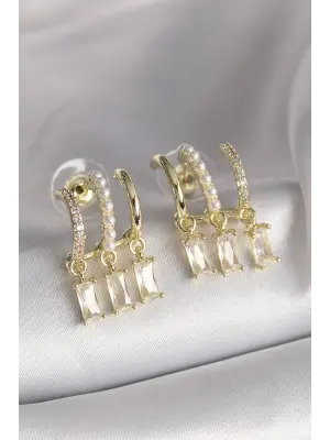  Altın İnci Detay Sallantı Zirkon Taşlı Çelik Küpe