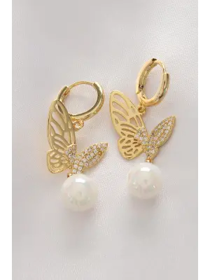  Altın İnci Taş Detay Zirkon Taşlı Kelebek Tasarım Küpe