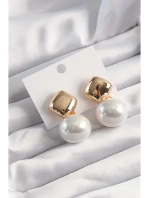  Altın İnci Taşlı Kare Küpe