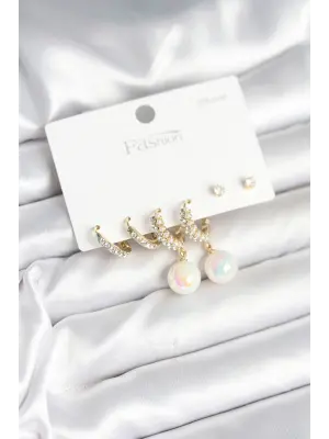 Pirinç Gold Renk İncili 925 Ayar Gümüş Çivi Kadın Küpe Seti