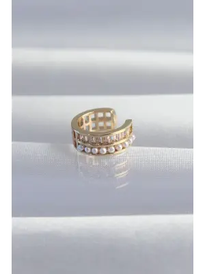  Altın İncili Baget Taşlı Earcuff Küpe