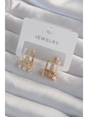  Altın İncili Çoklu Zirkon Taşlı Yarım Halka Küpe