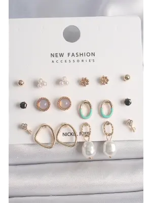  Altın İncili Halka Model 9 Çift Çelik Küpe Seti