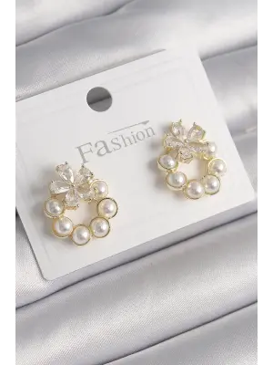 Altın İncili Halka Model Zirkon Taşlı Kelebek Model Çelik Küpe