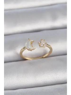  Altın İncili Hilal Zirkon Taşlı Yıldız Ayarlanabilir Model Çelik Yüzük