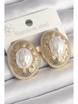  Altın İncili İşlemeli Daire Model Çelik Küpe