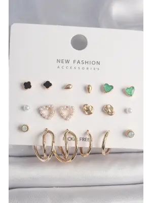  Altın İncili Kalp Halka Model Siyah Yonca Detay 9 Çift Çelik Küpe Seti