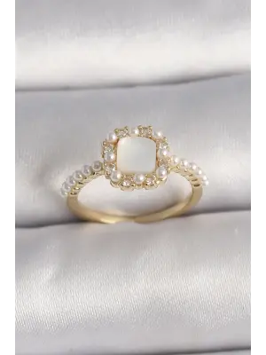  Altın İncili Kare Beyaz Mineli Ayarlanabilir Çelik Yüzük