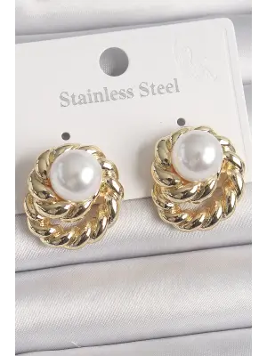  Altın İncili Sarmal Burgu Model Çelik Küpe