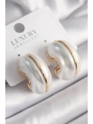  Altın İncili Yarım Halka Model Vintage Çelik Küpe