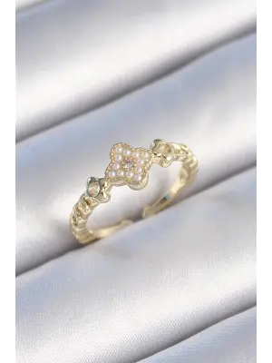  Altın İncili Yonca Model Zirkon Taş Detay Çelik Yüzük