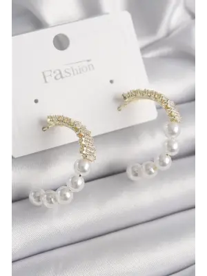  Altın İncili Zirkon Taşlı Halka Model Çelik Küpe