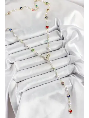 Pirinç Gold Renk İncili Zirkon Taşlı Kalpli Y Kadın Kolye