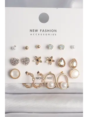  Altın irkon Taşlı Kalp Figür İncili Halka 9 Çift Çelik Küpe Seti