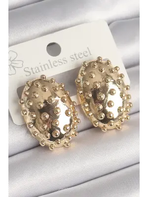  Altın İşleme Detaylı Oval Bombe Plaka Model Çelik Küpe