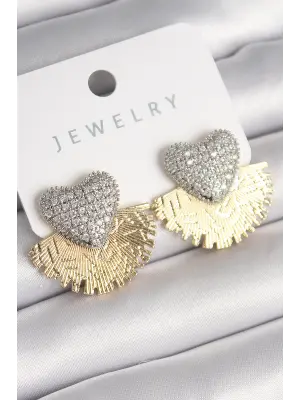  Altın İşleme Detaylı Yelpaze Zirkon Taşlı Kalp Model Çelik Küpe