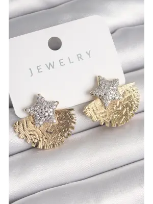  Altın İşleme Detaylı Yelpaze Zirkon Taşlı Yıldız Model Çelik Küpe