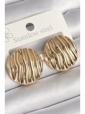  Altın İşlemeli Daire Plaka Model Çelik Küpe