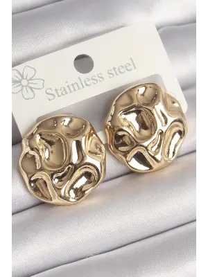  Altın İşlemeli Daire Plaka Model Çelik Küpe