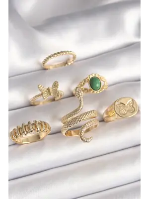  Altın İşlemeli Yılan Figür Kelebek Detay 6Lı Çelik Yüzük Seti
