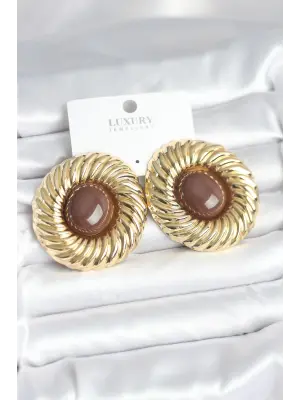 Pirinç Gold Renk Kahverengi Boncuklu Vintage Kadın Küpe