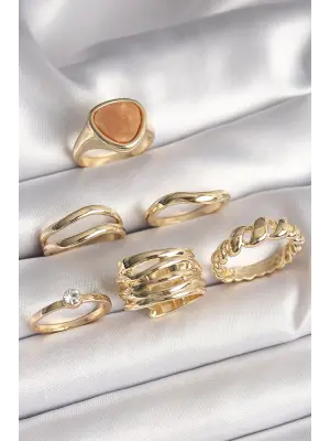  Altın Kahverengi Mineli Zirkon Taş Detaylı Sarmal Model 6Lı Çelik Yüzük Seti
