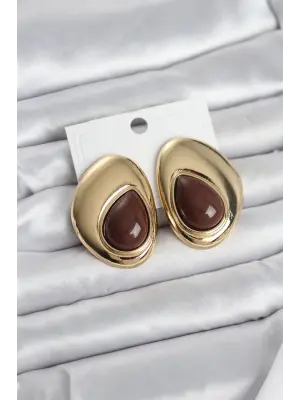 Pirinç Gold Renk Kahverengi Taşlı Damla Model Vintage Kadın Küpe