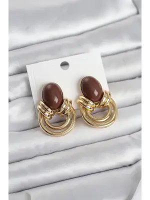 Pirinç Gold Renk Kahverengi Taşlı Vintage Kadın Küpe