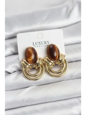 Çelik Gold Renk Kahverengi Taşlı Vintage Kadın Küpe