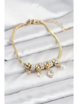 Çelik Gold Renk Kalp Charmlı Kadın Bileklik