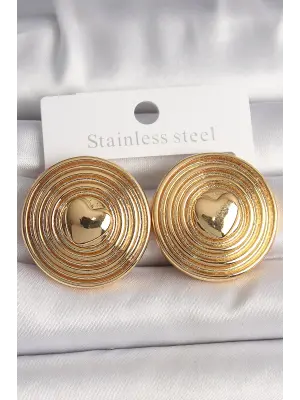  Altın Kalp İşlemeli Daire Plaka Model Çelik Küpe