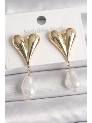  Altın Kalp Model Sallantı İnci Damla Model Çelik Küpe