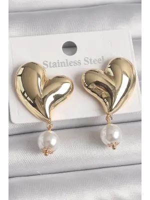  Altın Kalp Model Sallantı İnci Detay Çelik Küpe