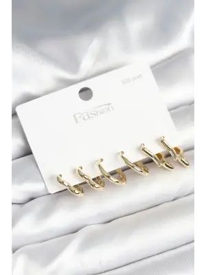 Pirinç Gold Renk Kalp Yıldız ve Halka Model 925 Ayar Gümüş Çivili Kadın Küpe Seti