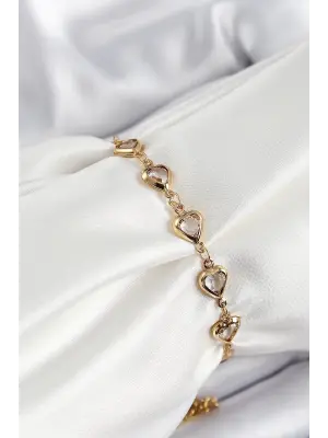 Pirinç Gold Renk Kalp Zirkon Taşlı Kadın Bileklik